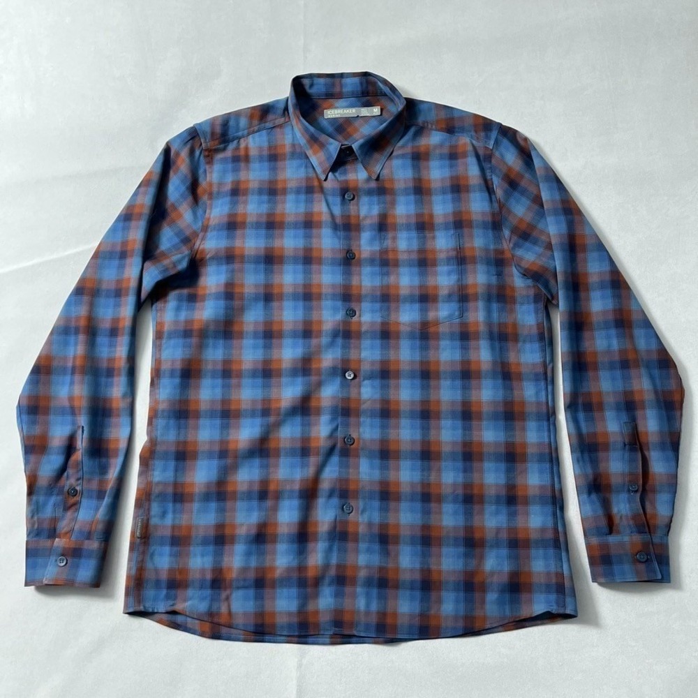 ICEBREAKER Merino Wool Button Up Shirt Men Medium Blue Rust Plaid 100% Wool